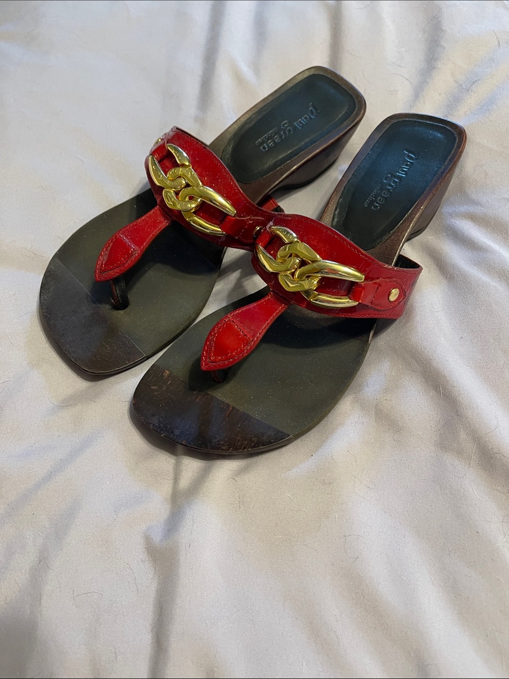 Paul Green Red Thong Sandals with Gold Chain Accent